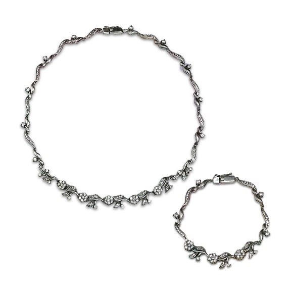 Vintage 925 stamped Silver crystals Floral Necklace and Bracelet Set - Picture 1 of 11